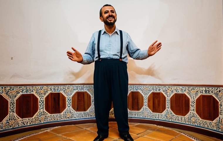 A professional musician, fully clothed in modest, traditional Portuguese attire, stands on a small, softly lit stage in a classic, cozy Fado house in Lisbon. The musician's expression conveys deep emotion and connection to the music's soul as they perform, surrounded by an intimate and authentic cultural atmosphere. Perfect anatomy, natural pose, well-formed hands, correct proportions, professional photography, high quality, safe for work, appropriate content, family-friendly.