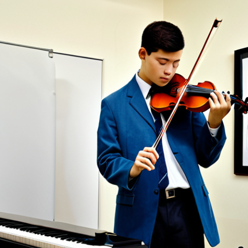 Home 20 Preparing for the Exam**
A musician meticulously preparing their instrument for an exam; a violin is laid on a velvet cloth, being carefully tuned with an electronic tuner; sheet music is neatly organized in a binder; pencil, eraser, and highlighter are nearby. The scene is set in a well-lit, organized practice room. Fully clothed, appropriate attire, safe for work, perfect anatomy, natural proportions, professional, modest, family-friendly, high quality.
**