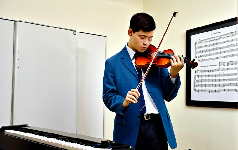 Preparing for the Exam**
A musician meticulously preparing their instrument for an exam; a violin is laid on a velvet cloth, being carefully tuned with an electronic tuner; sheet music is neatly organized in a binder; pencil, eraser, and highlighter are nearby. The scene is set in a well-lit, organized practice room. Fully clothed, appropriate attire, safe for work, perfect anatomy, natural proportions, professional, modest, family-friendly, high quality.
**