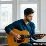 Home 22 연주가가 실기 연습 시 흔히 하는 실수 - A focused young adult guitarist practicing in a well-lit, organized home studio with ergonomic furni...