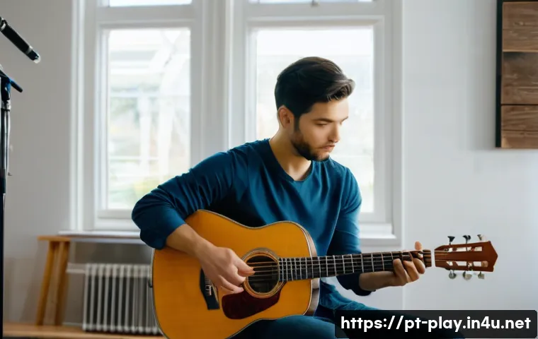 연주가가 실기 연습 시 흔히 하는 실수 - A focused young adult guitarist practicing in a well-lit, organized home studio with ergonomic furni...