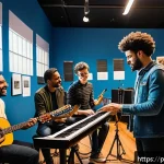 Home 21 연주가를 위한 실무 워크숍 소개 - A vibrant and dynamic music workshop scene set in a modern studio, featuring a diverse group of adul...
