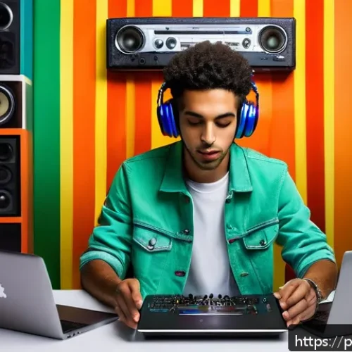 Home 32 연주가 경력 쌓기를 위한 팁 - A young Brazilian musician in a vibrant urban studio setting, surrounded by modern digital equipment...