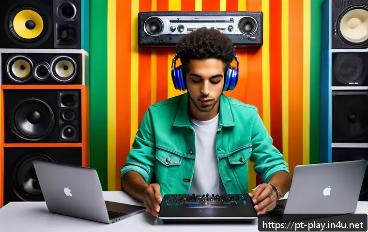 연주가 경력 쌓기를 위한 팁 - A young Brazilian musician in a vibrant urban studio setting, surrounded by modern digital equipment...