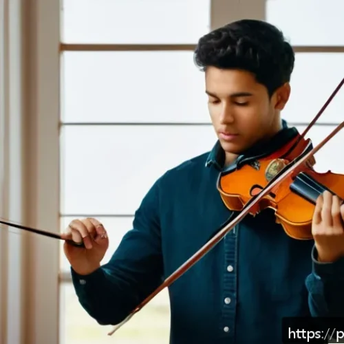 Home 31 연주가가 실기 시험 후 복습하는 법 - A focused scene of a young adult musician practicing violin in a cozy, well-lit room with warm woode...