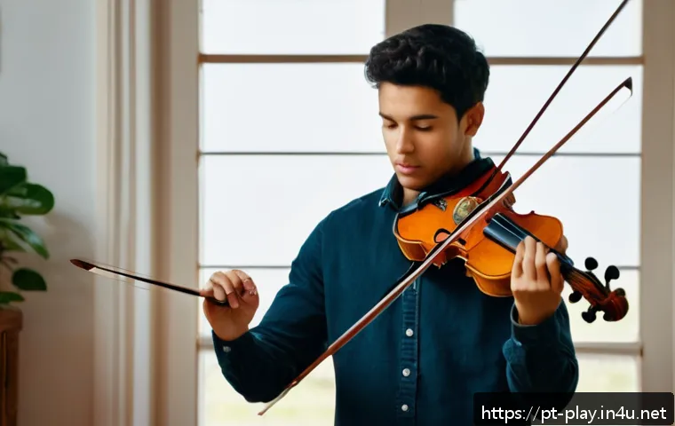 연주가가 실기 시험 후 복습하는 법 - A focused scene of a young adult musician practicing violin in a cozy, well-lit room with warm woode...
