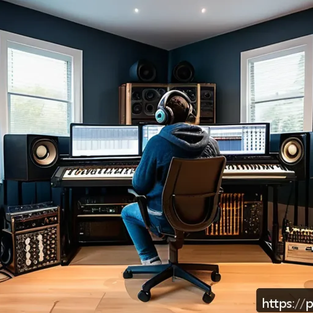 연주가 이직 성공 사례 - A modern home music studio scene featuring a diverse young musician working on a laptop and mixing c...