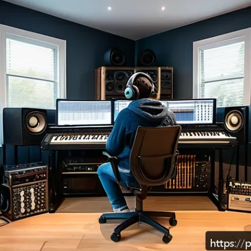 Home 30 연주가 이직 성공 사례 - A modern home music studio scene featuring a diverse young musician working on a laptop and mixing c...
