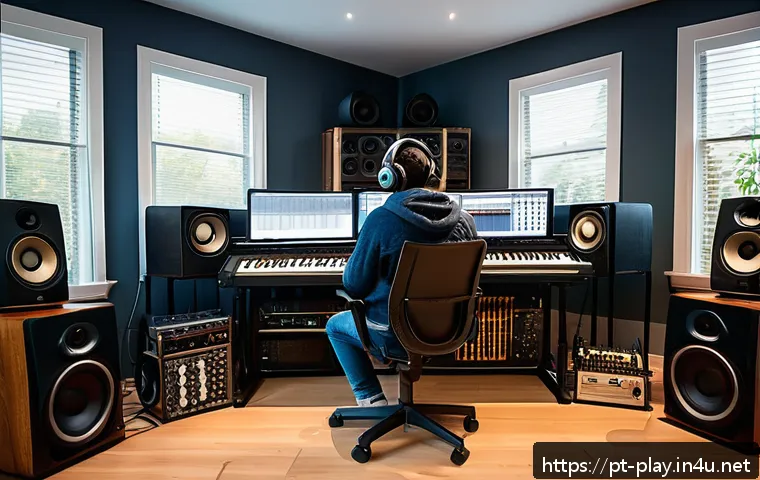 연주가 이직 성공 사례 - A modern home music studio scene featuring a diverse young musician working on a laptop and mixing c...