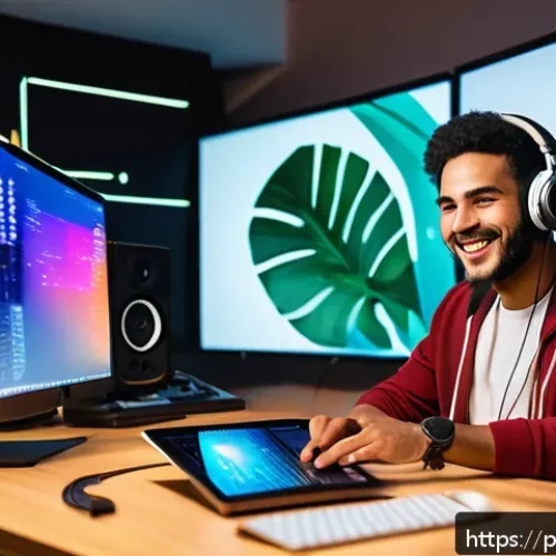 Home 17 연주가가 선택할 수 있는 전문 분야 - A young Brazilian electronic musician sitting at a modern home studio desk with multiple monitors di...