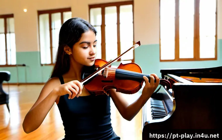 연주가 실기 시험 합격 사례 분석 - Photorealistic music conservatory practical exam in São Paulo, focused young Brazilian violin studen...