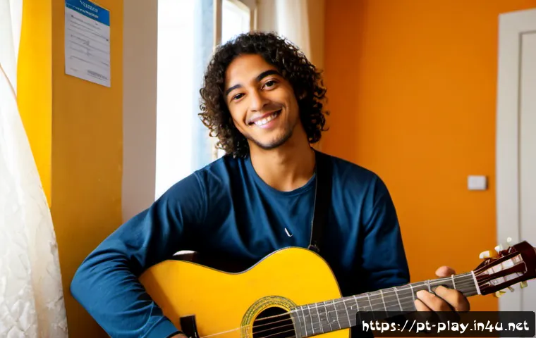 Home 17 연주가 자격 취득 성공담 - Photorealistic Brazilian young adult guitarist celebrating a professional music performance certific...