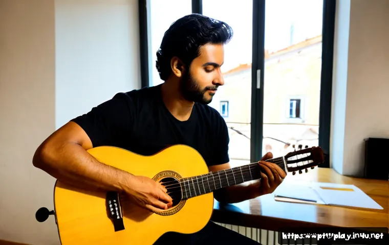 Home 17 연주가 자격증의 가치와 활용법 - Photorealistic Portuguese classical guitarist in a bright Lisbon music studio, proudly holding an el...